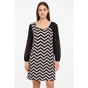 Speechless Dress Womens Black & Soft Pink Shift Chevron Long Sleeve Sheer Scoop